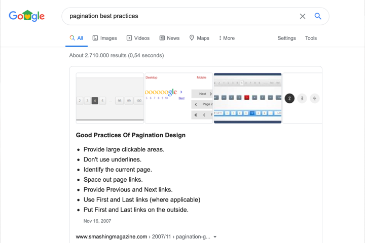 Google search results for pagination best practices